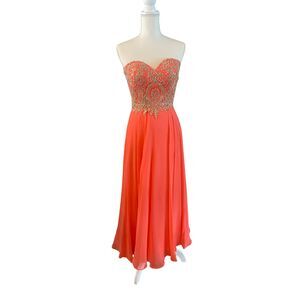 Clarisse A-Line Prom Dress Coral Gold Beaded Strapless Size 3/4 Style 129163